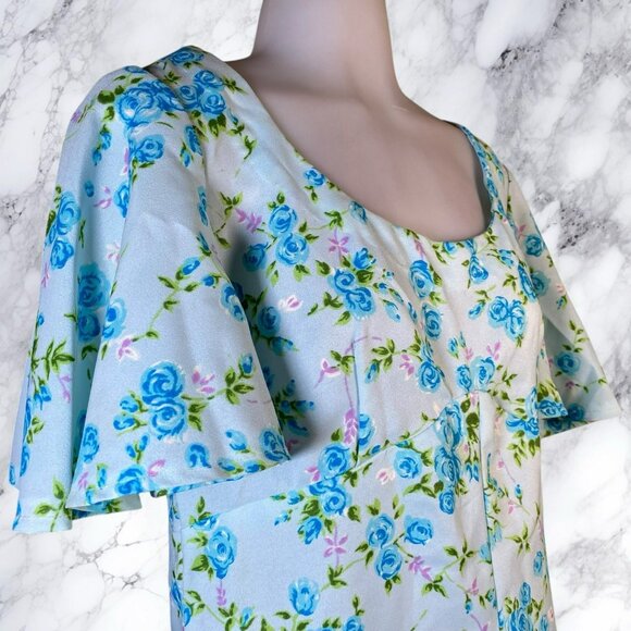 Handmade Vintage Baby Blue Rose Print Floral Prairie Empire Waist Dress - Picture 8 of 12